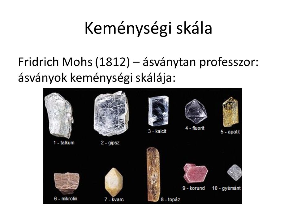 Keménységi skála Fridrich Mohs (1812) – ásványtan professzor: ásványok keménységi skálája: