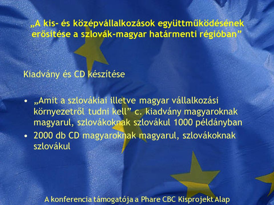 „A kis- és középvállalkozások együttműködésének erősítése a szlovák-magyar határmenti régióban Kiadvány és CD készítése „Amit a szlovákiai illetve magyar vállalkozási környezetről tudni kell c.