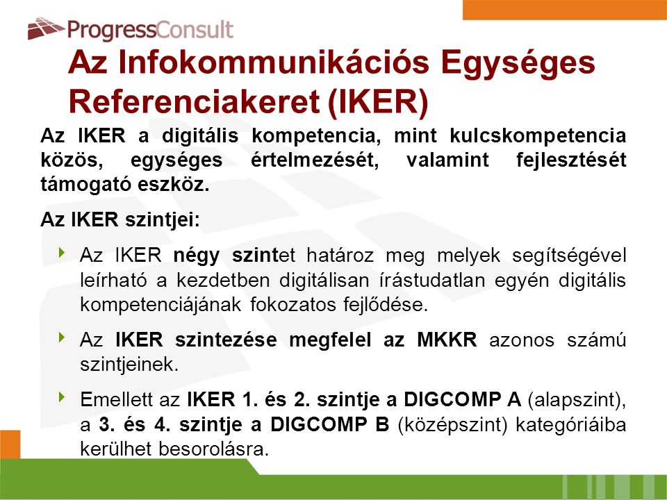 Az Infokommunikációs Egységes Referenciakeret (IKER) Az IKER a digitális kompetencia, mint kulcskompetencia közös, egységes értelmezését, valamint fejlesztését támogató eszköz.