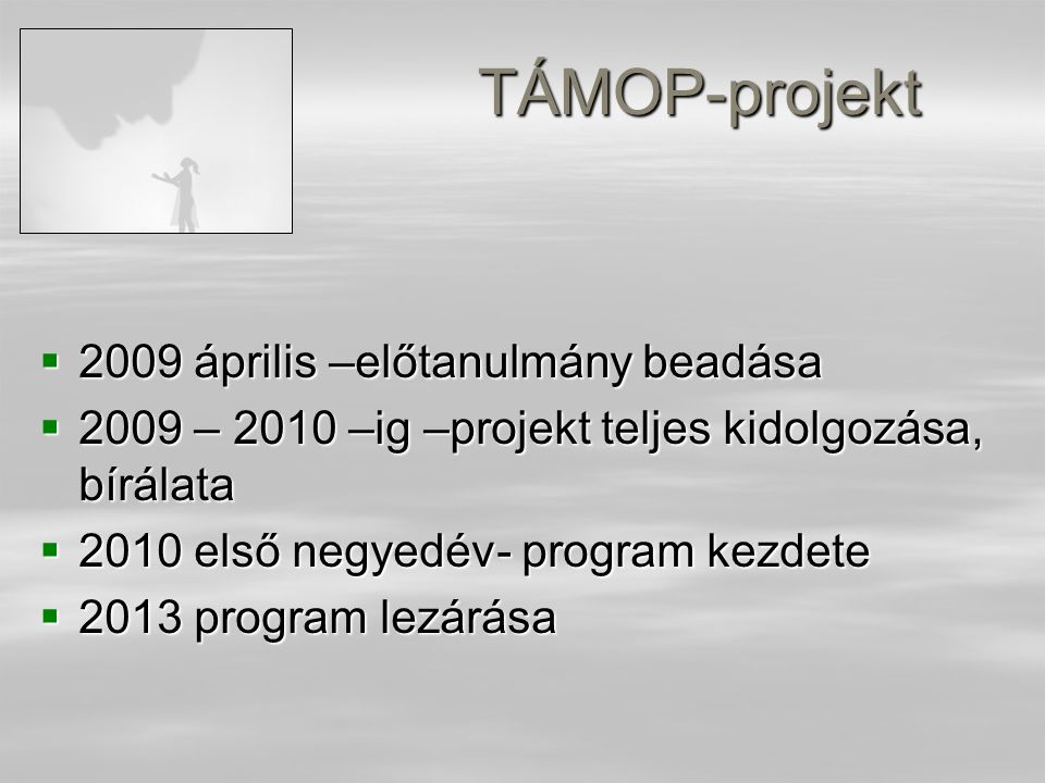TÁMOP-projekt  2009 április –előtanulmány beadása  2009 – 2010 –ig –projekt teljes kidolgozása, bírálata  2010 első negyedév- program kezdete  2013 program lezárása