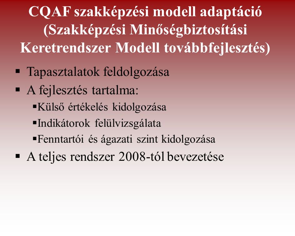 CQAF szakképzési modell adaptáció (Szakképzési Minőségbiztosítási Keretrendszer Modell továbbfejlesztés)  Tapasztalatok feldolgozása  A fejlesztés tartalma:  Külső értékelés kidolgozása  Indikátorok felülvizsgálata  Fenntartói és ágazati szint kidolgozása  A teljes rendszer 2008-tól bevezetése