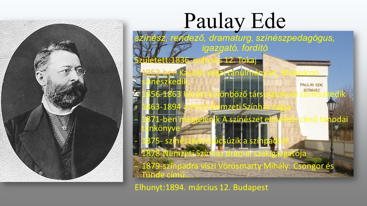 Paulay Ede színész, rendező, dramaturg, színészpedagógus, igazgató, fordító Született:1836.