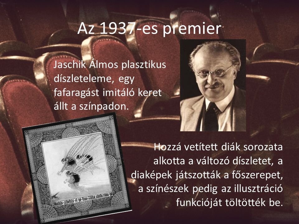Az 1937-es premier Jaschik Álmos plasztikus díszleteleme, egy fafaragást imitáló keret állt a színpadon.