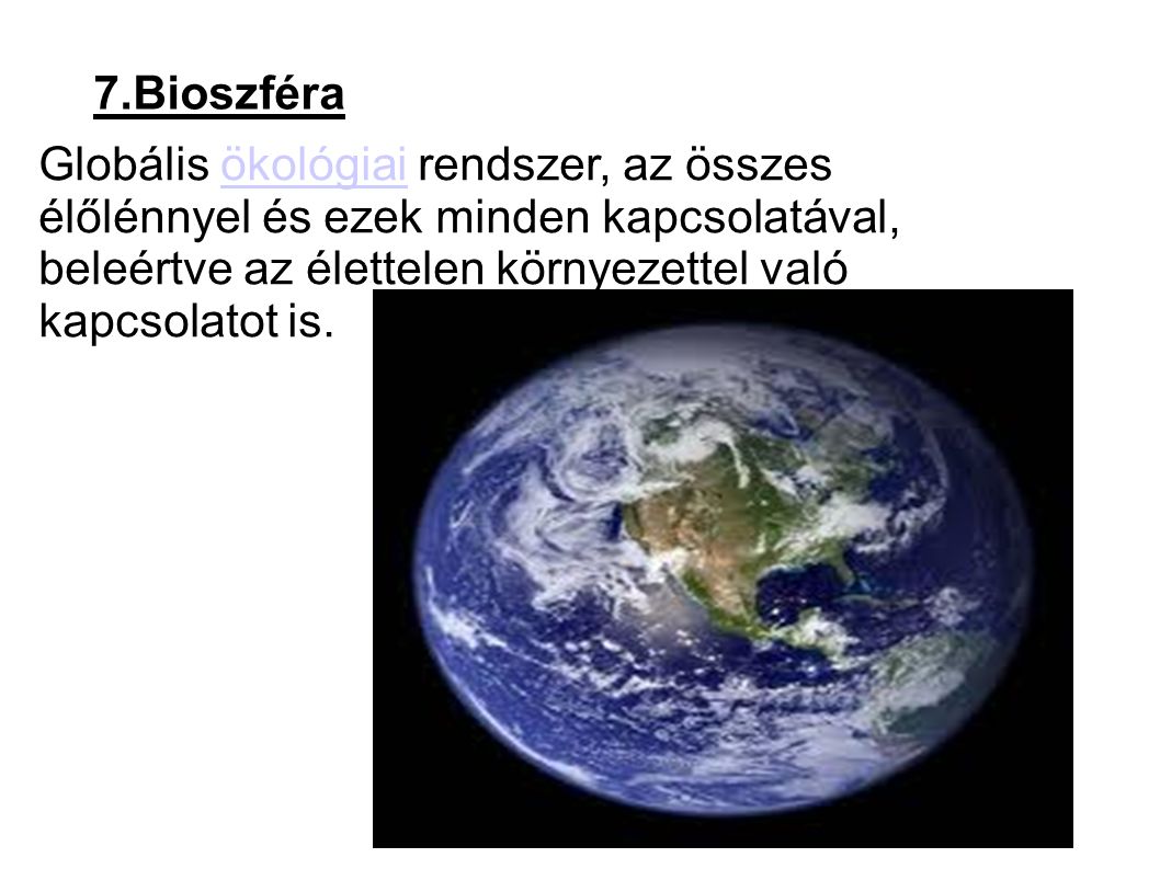 7.Bioszféra Globális ökológiai rendszer, az összes élőlénnyel és ezek minden kapcsolatával, beleértve az élettelen környezettel való kapcsolatot is.ökológiai