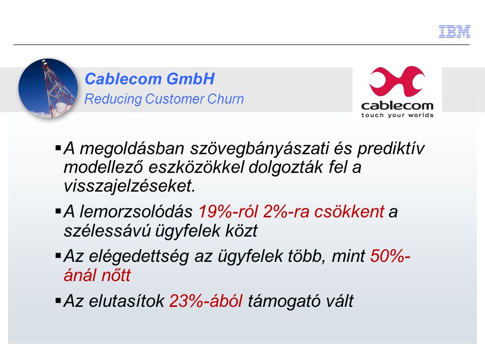 Cablecom GmbH Reducing Customer Churn  A megoldásban szövegbányászati és prediktív modellező eszközökkel dolgozták fel a visszajelzéseket.