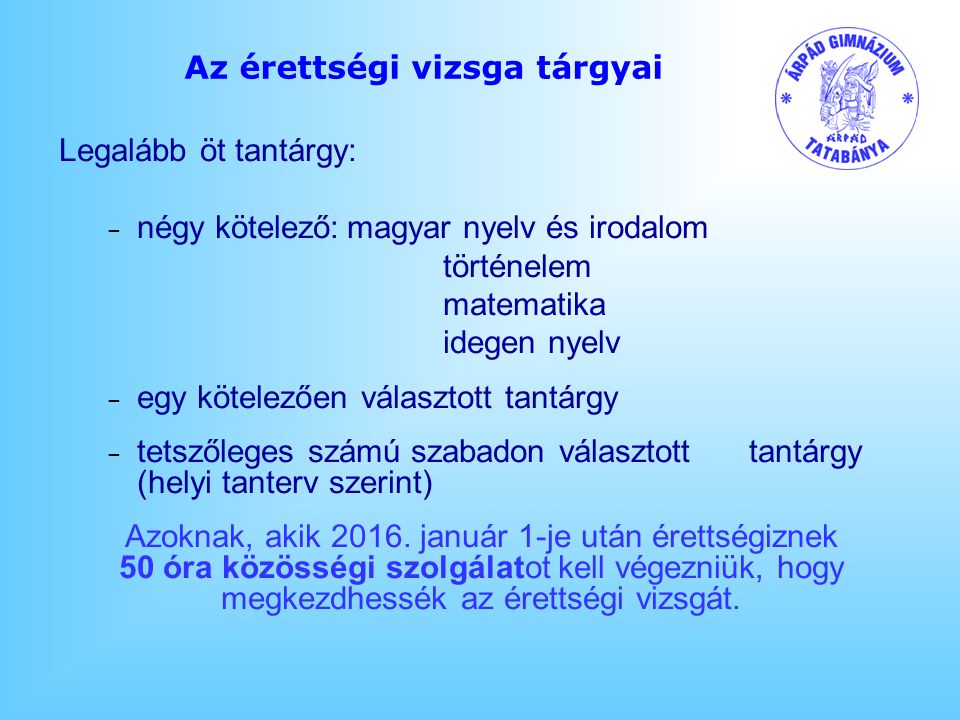 Az érettségi vizsga tárgyai Legalább öt tantárgy: – négy kötelező:magyar nyelv és irodalom történelem matematika idegen nyelv – egy kötelezően választott tantárgy – tetszőleges számú szabadon választott tantárgy (helyi tanterv szerint) Azoknak, akik 2016.
