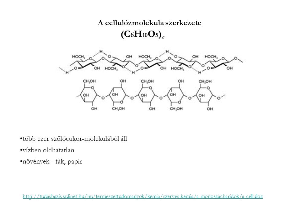 A cellulózmolekula szerkezete   (C 6 H 10 O 5 ) n több ezer szőlőcukor-molekulából áll vízben oldhatatlan növények - fák, papír