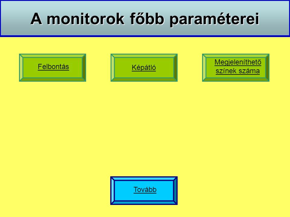 A monitorok főbb paraméterei Képátló Megjeleníthető színek száma Felbontás Tovább