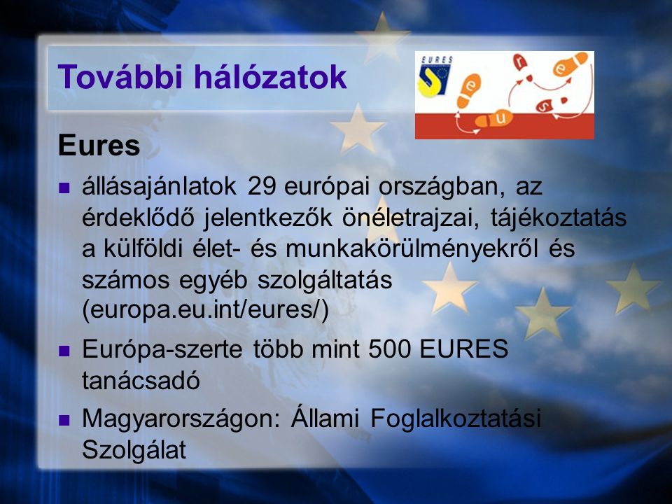 További hálózatok Eures állásajánlatok 29 európai országban, az érdeklődő jelentkezők önéletrajzai, tájékoztatás a külföldi élet- és munkakörülményekről és számos egyéb szolgáltatás (europa.eu.int/eures/)‏ Európa-szerte több mint 500 EURES tanácsadó Magyarországon: Állami Foglalkoztatási Szolgálat
