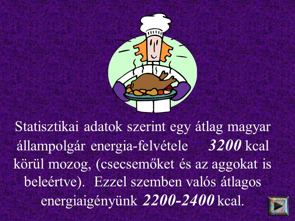 Statisztikai adatok szerint egy átlag magyar állampolgár energia-felvétele 3200 kcal körül mozog, (csecsemőket és az aggokat is beleértve).