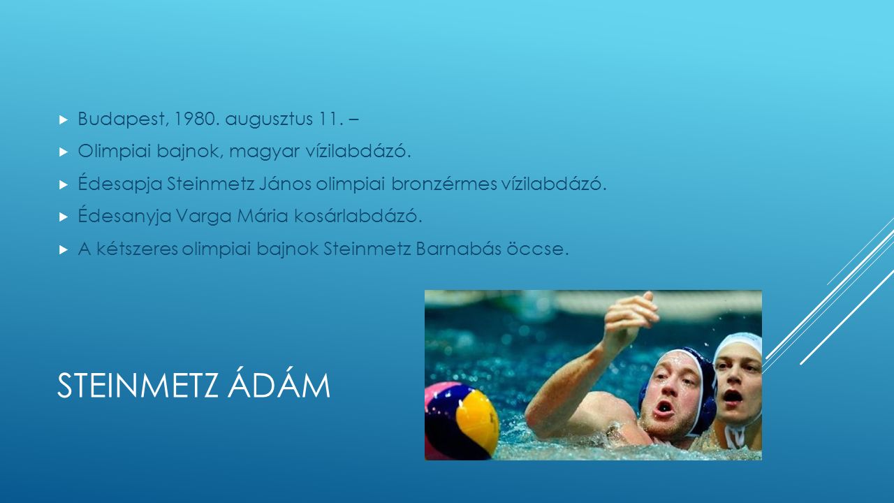 STEINMETZ ÁDÁM  Budapest, augusztus 11. –  Olimpiai bajnok, magyar vízilabdázó.