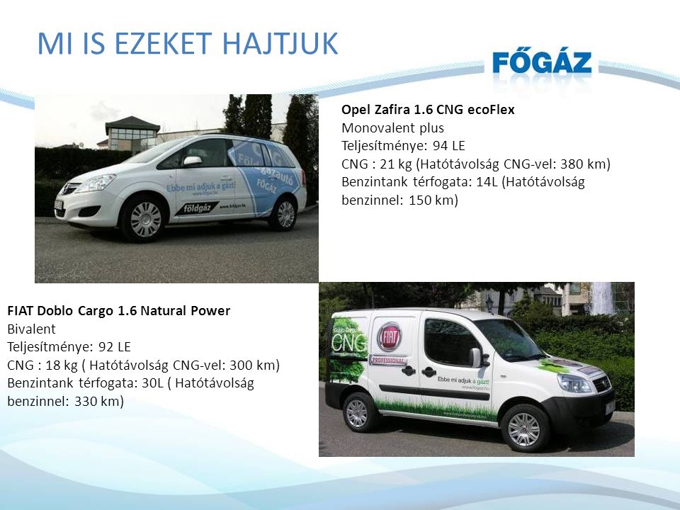 Opel Zafira 1.6 CNG ecoFlex Monovalent plus Teljesítménye: 94 LE CNG : 21 kg (Hatótávolság CNG-vel: 380 km) Benzintank térfogata: 14L (Hatótávolság benzinnel: 150 km) FIAT Doblo Cargo 1.6 Natural Power Bivalent Teljesítménye: 92 LE CNG : 18 kg ( Hatótávolság CNG-vel: 300 km) Benzintank térfogata: 30L ( Hatótávolság benzinnel: 330 km) MI IS EZEKET HAJTJUK