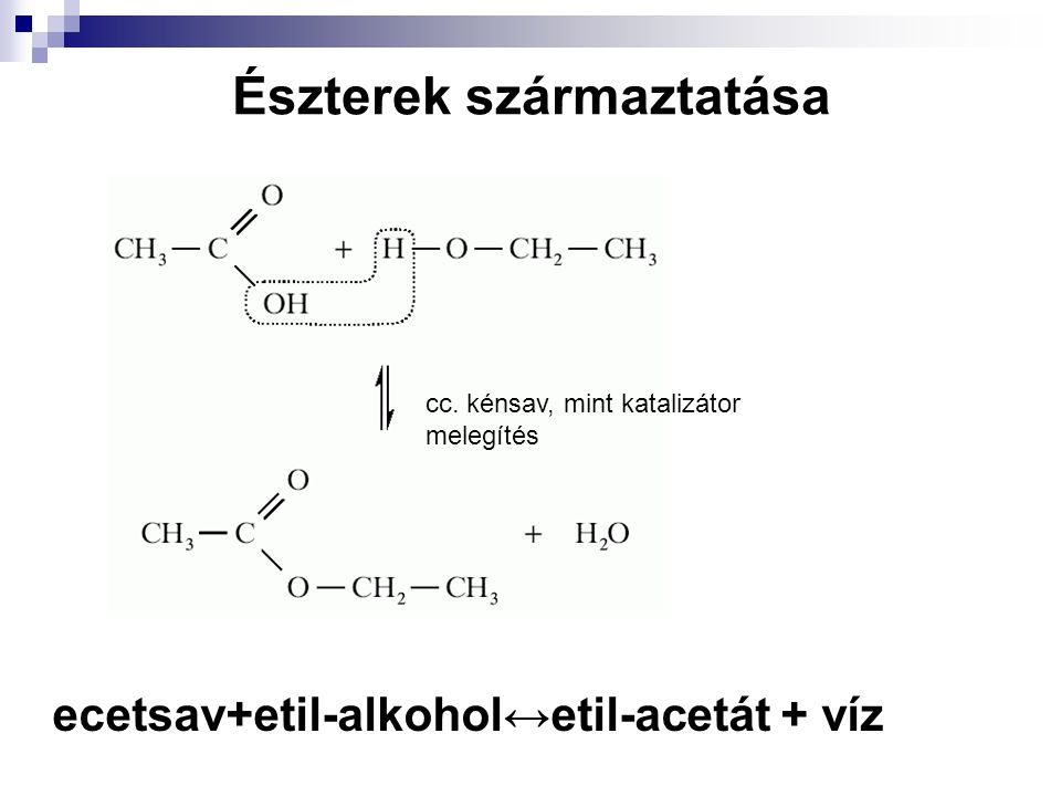 Észterek származtatása ecetsav+etil-alkohol↔etil-acetát + víz cc.