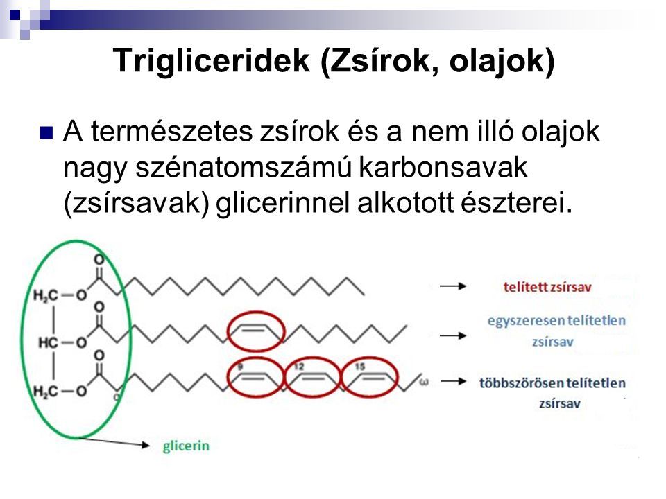 Trigliceridek (Zsírok, olajok) A természetes zsírok és a nem illó olajok nagy szénatomszámú karbonsavak (zsírsavak) glicerinnel alkotott észterei.