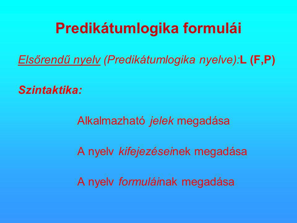 Predikátumlogika formulái Elsőrendű nyelv (Predikátumlogika nyelve):L (F,P) Szintaktika: Alkalmazható jelek megadása A nyelv kifejezéseinek megadása A nyelv formuláinak megadása