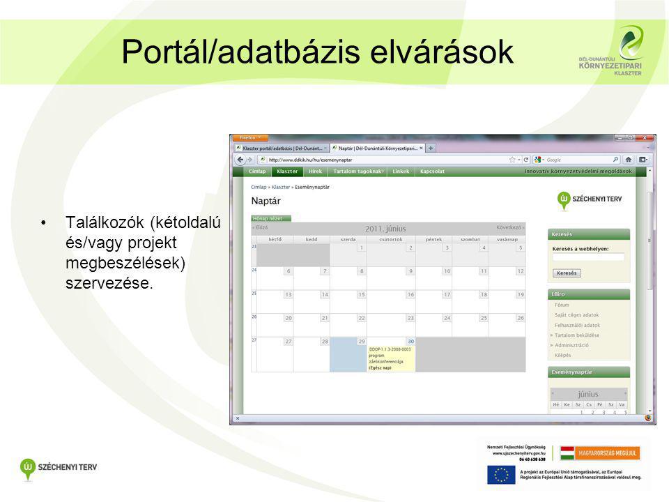 Portál/adatbázis elvárások •Találkozók (kétoldalú és/vagy projekt megbeszélések) szervezése.
