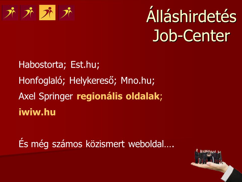 Álláshirdetés Job-Center Habostorta; Est.hu; Honfoglaló; Helykereső; Mno.hu; Axel Springer regionális oldalak; iwiw.hu És még számos közismert weboldal….