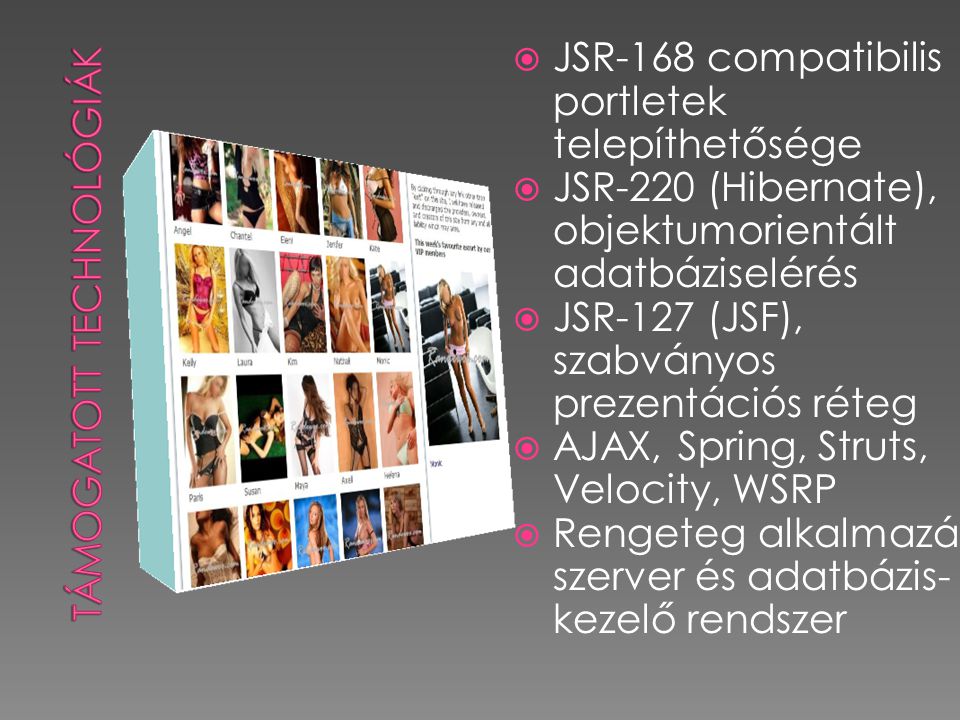  JSR-168 compatibilis portletek telepíthetősége  JSR-220 (Hibernate), objektumorientált adatbáziselérés  JSR-127 (JSF), szabványos prezentációs réteg  AJAX, Spring, Struts, Velocity, WSRP  Rengeteg alkalmazás szerver és adatbázis- kezelő rendszer