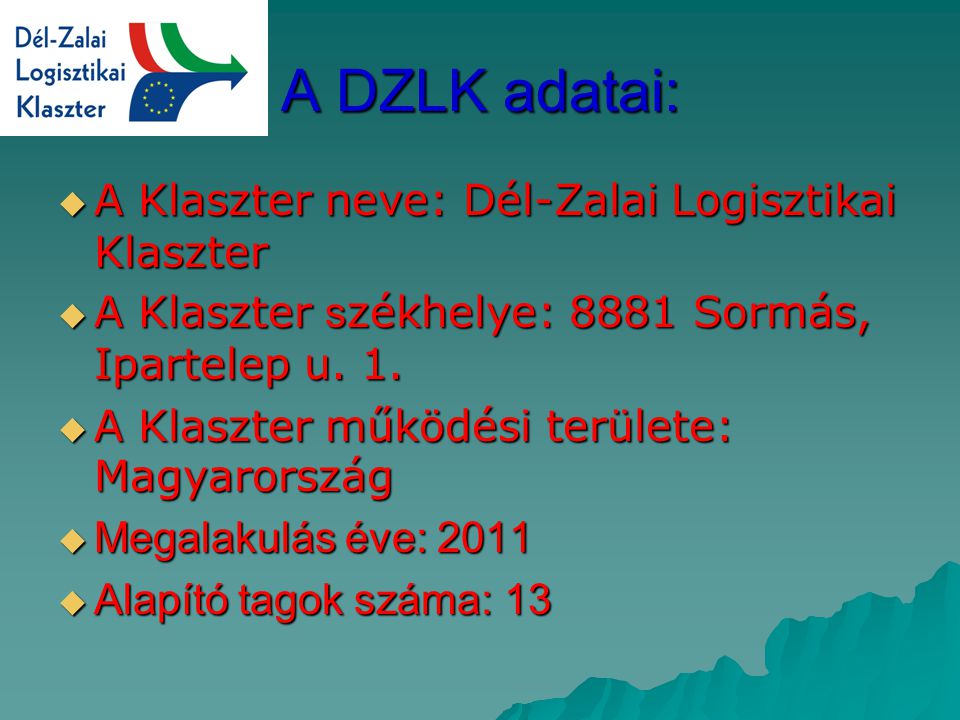 A DZLK adatai:  A Klaszter neve: Dél-Zalai Logisztikai Klaszter  A Klaszter s zékhelye: 8881 Sormás, Ipartelep u.