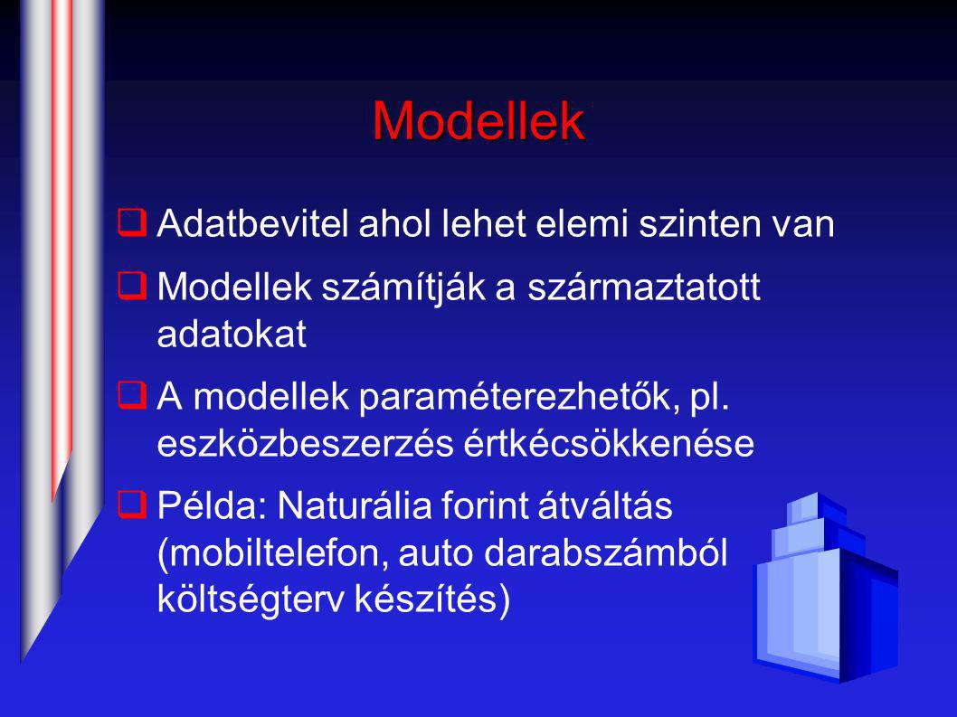 Modellek  Adatbevitel ahol lehet elemi szinten van  Modellek számítják a származtatott adatokat  A modellek paraméterezhetők, pl.