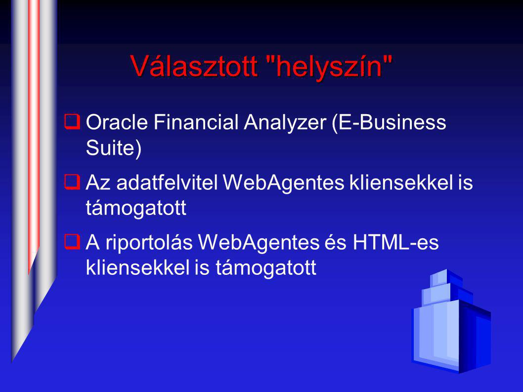 Választott helyszín  Oracle Financial Analyzer (E-Business Suite)  Az adatfelvitel WebAgentes kliensekkel is támogatott  A riportolás WebAgentes és HTML-es kliensekkel is támogatott