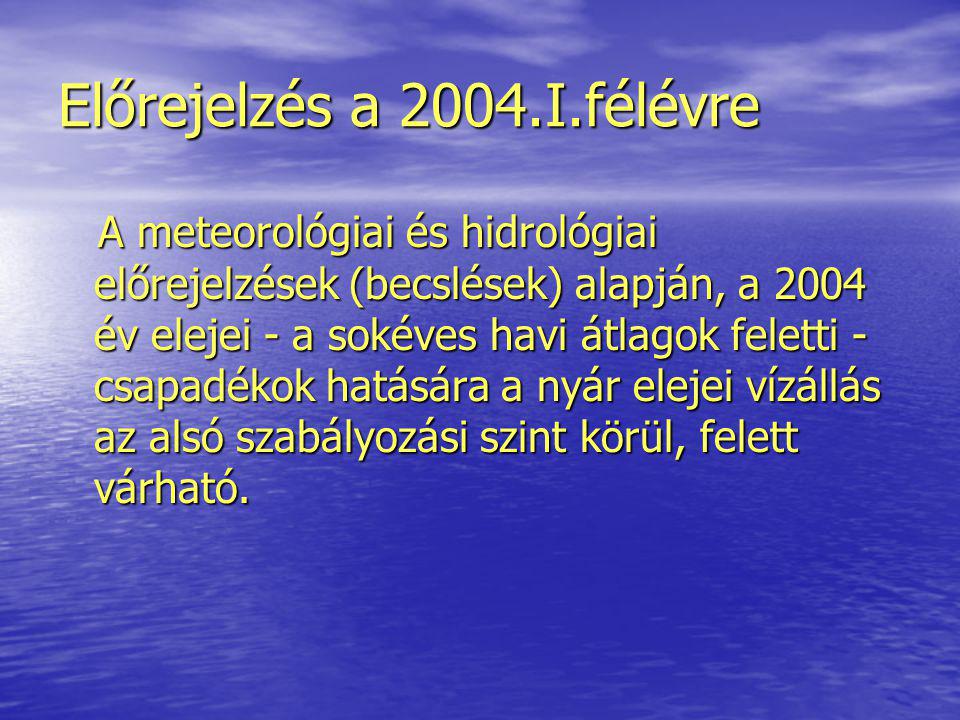 Előrejelzés a 2004.I.félévre A meteorológiai és hidrológiai előrejelzések (becslések) alapján, a 2004 év elejei - a sokéves havi átlagok feletti - csapadékok hatására a nyár elejei vízállás az alsó szabályozási szint körül, felett várható.