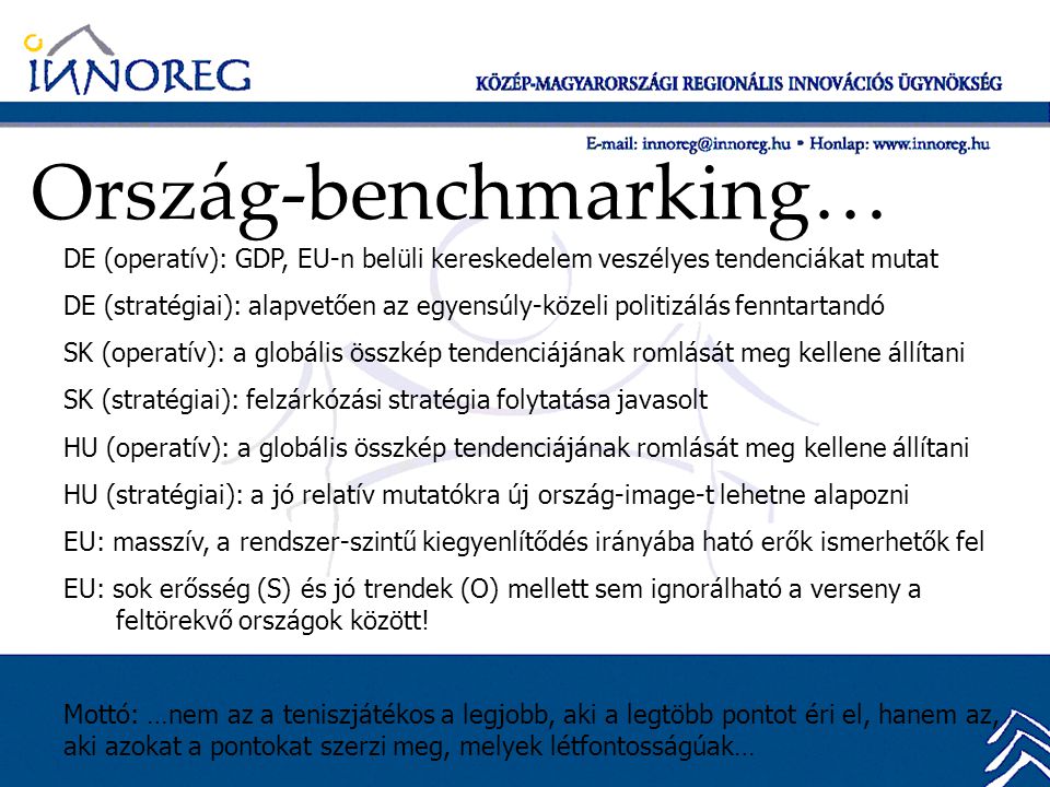 Ország-benchmarking… DE (operatív): GDP, EU-n belüli kereskedelem veszélyes tendenciákat mutat DE (stratégiai): alapvetően az egyensúly-közeli politizálás fenntartandó SK (operatív): a globális összkép tendenciájának romlását meg kellene állítani SK (stratégiai): felzárkózási stratégia folytatása javasolt HU (operatív): a globális összkép tendenciájának romlását meg kellene állítani HU (stratégiai): a jó relatív mutatókra új ország-image-t lehetne alapozni EU: masszív, a rendszer-szintű kiegyenlítődés irányába ható erők ismerhetők fel EU: sok erősség (S) és jó trendek (O) mellett sem ignorálható a verseny a feltörekvő országok között.