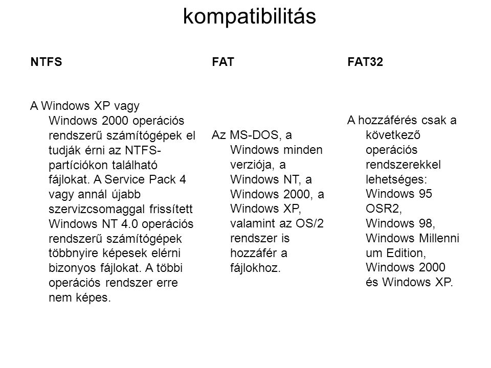 NTFSFATFAT32 A Windows XP vagy Windows 2000 operációs rendszerű számítógépek el tudják érni az NTFS- partíciókon található fájlokat.