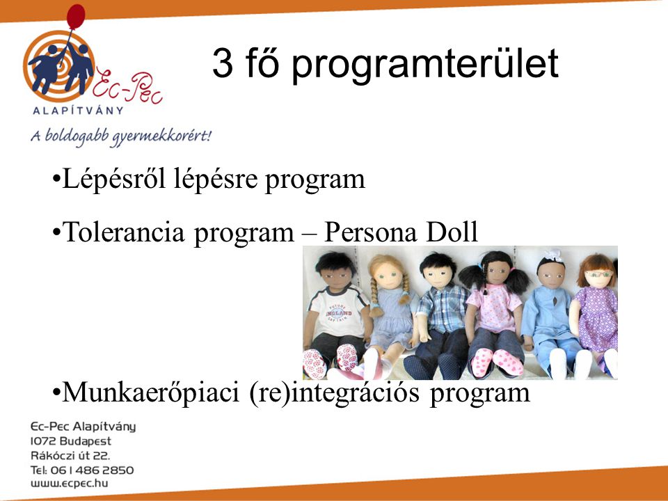 3 fő programterület •Lépésről lépésre program •Tolerancia program – Persona Doll •Munkaerőpiaci (re)integrációs program