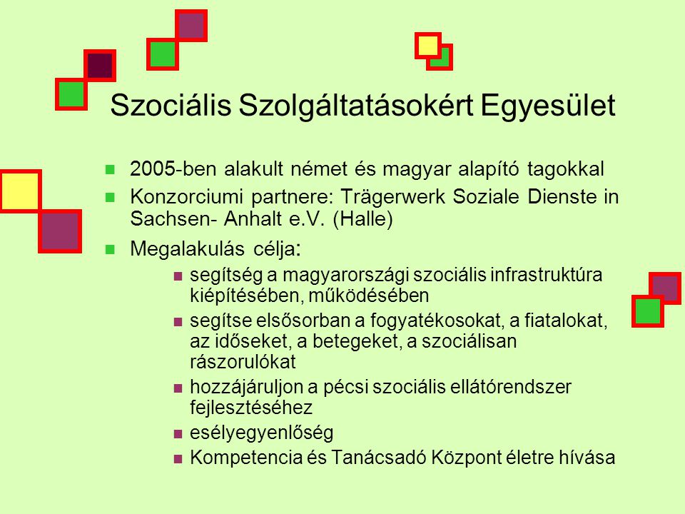 Szociális Szolgáltatásokért Egyesület  2005-ben alakult német és magyar alapító tagokkal  Konzorciumi partnere: Trägerwerk Soziale Dienste in Sachsen- Anhalt e.V.