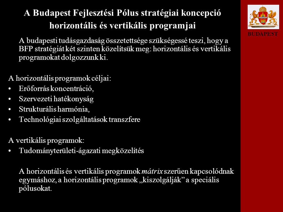 BUDAPEST A Budapest Fejlesztési Pólus stratégiai koncepció horizontális és vertikális programjai A budapesti tudásgazdaság összetettsége szükségessé teszi, hogy a BFP stratégiát két szinten közelítsük meg: horizontális és vertikális programokat dolgozzunk ki.