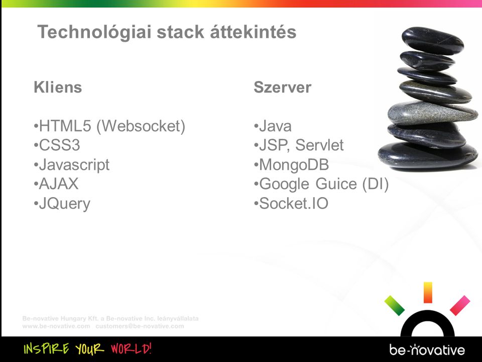 Közös kiértékelés Technológiai stack áttekintés Kliens •HTML5 (Websocket) •CSS3 •Javascript •AJAX •JQuery Szerver •Java •JSP, Servlet •MongoDB •Google Guice (DI) •Socket.IO