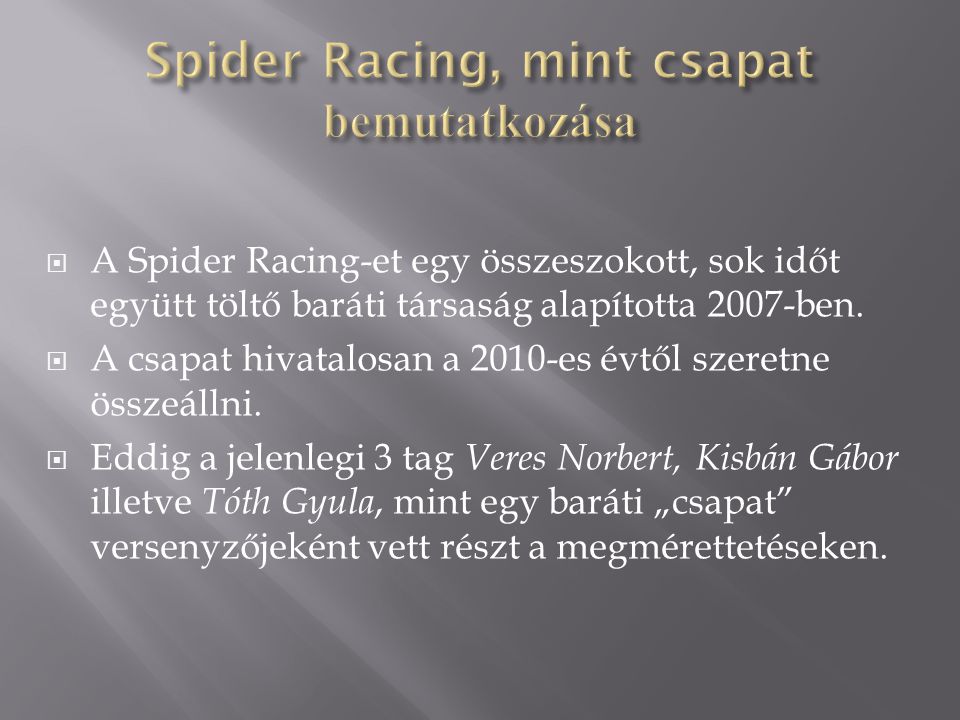  A Spider Racing-et egy összeszokott, sok időt együtt töltő baráti társaság alapította 2007-ben.