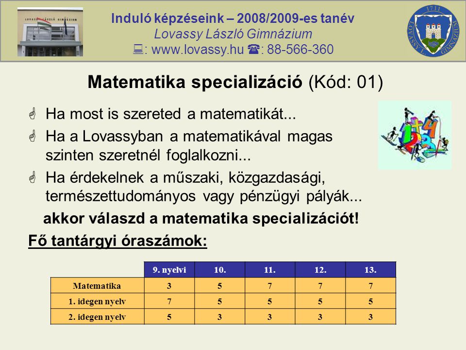 Induló képzéseink – 2008/2009-es tanév Lovassy László Gimnázium  :    : Matematika specializáció (Kód: 01)  Ha most is szereted a matematikát...