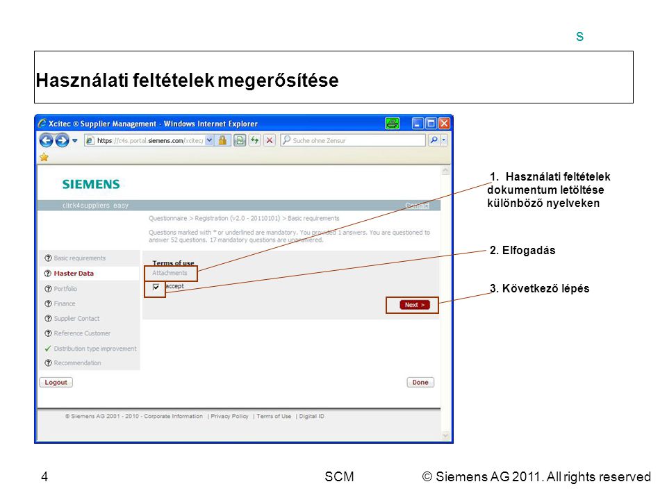 s 4SCM© Siemens AG All rights reserved Használati feltételek megerősítése 1.