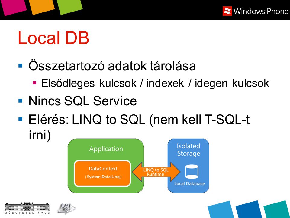 Local DB  Összetartozó adatok tárolása  Elsődleges kulcsok / indexek / idegen kulcsok  Nincs SQL Service  Elérés: LINQ to SQL (nem kell T-SQL-t írni)