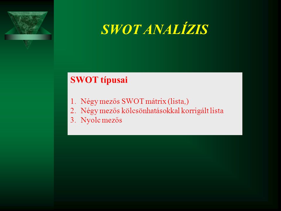 SWOT típusai 1.Négy mezős SWOT mátrix (lista,) 2.Négy mezős kölcsönhatásokkal korrigált lista 3.Nyolc mezős SWOT ANALÍZIS