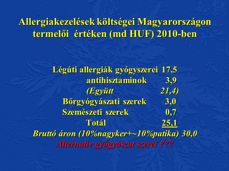 Allergiakezelések költségei Magyarországon termelői értéken (md HUF) 2010-ben Légúti allergiák gyógyszerei 17,5 antihisztaminok 3,9 (Együtt 21,4) Bőrgyógyászati szerek 3,0 Szemészeti szerek 0,7 Totál 25,1 Bruttó áron (10%nagyker+~10%patika) 30,0 Alternatív gyógyászat szerei .