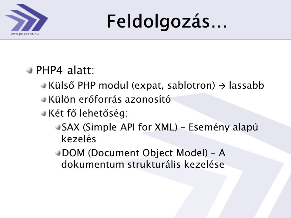 Feldolgozás… PHP4 alatt: Külső PHP modul (expat, sablotron)  lassabb Külön erőforrás azonosító Két fő lehetőség: SAX (Simple API for XML) – Esemény alapú kezelés DOM (Document Object Model) – A dokumentum strukturális kezelése