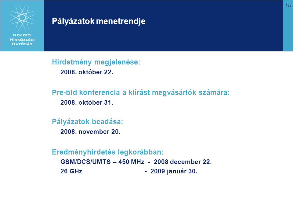 15 Pályázatok menetrendje Hirdetmény megjelenése: 2008.