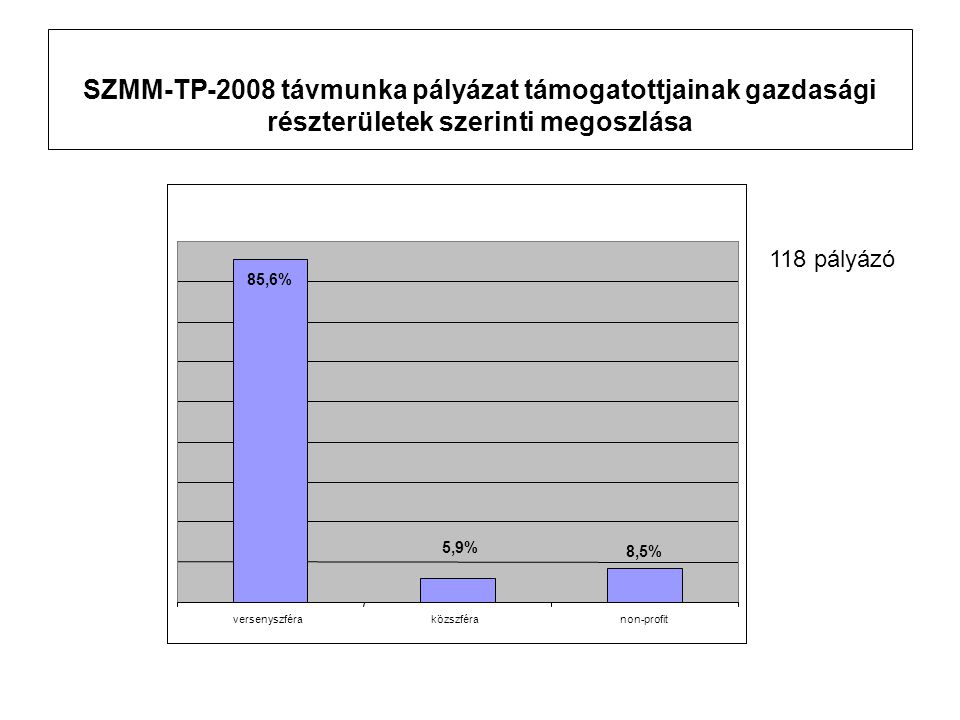 SZMM-TP-2008 távmunka pályázat támogatottjainak gazdasági részterületek szerinti megoszlása 8,5% 5,9% 85,6% versenyszféraközszféranon-profit 118 pályázó