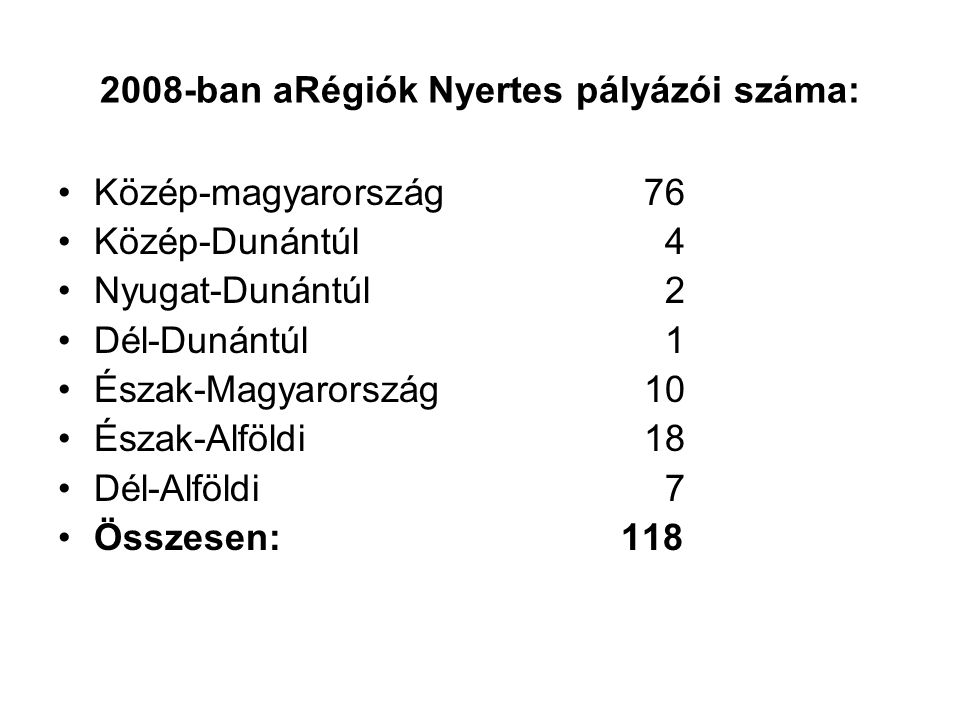 2008-ban aRégiók Nyertes pályázói száma: •Közép-magyarország 76 •Közép-Dunántúl 4 •Nyugat-Dunántúl 2 •Dél-Dunántúl 1 •Észak-Magyarország 10 •Észak-Alföldi 18 •Dél-Alföldi 7 •Összesen: 118
