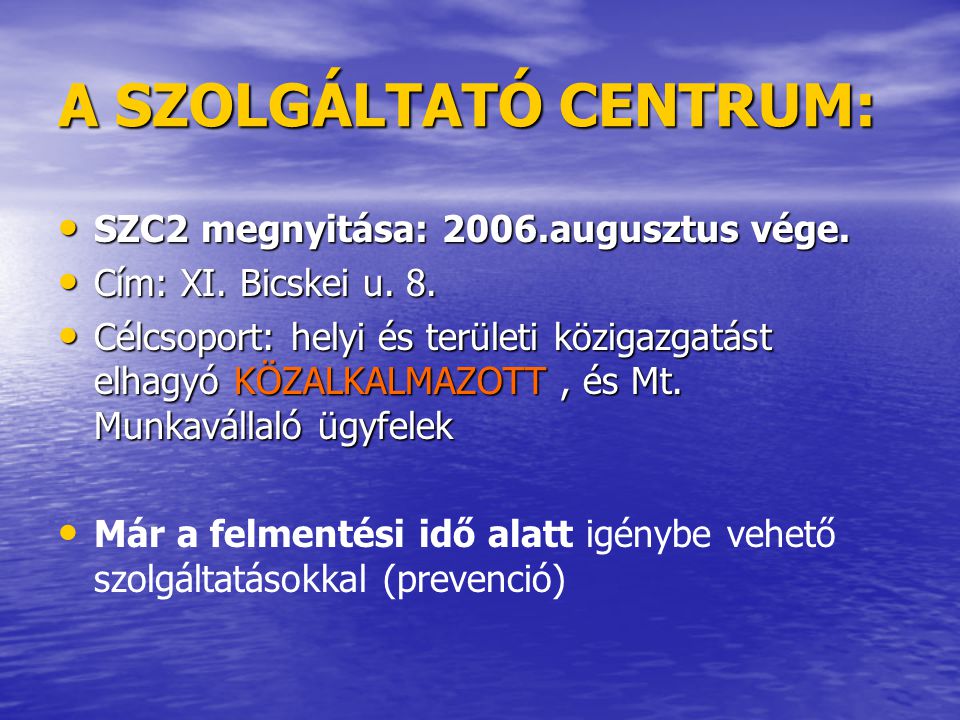 A SZOLGÁLTATÓ CENTRUM: • SZC2 megnyitása: 2006.augusztus vége.