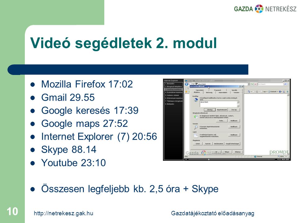 előadásanyag 10  Mozilla Firefox 17:02  Gmail  Google keresés 17:39  Google maps 27:52  Internet Explorer (7) 20:56  Skype  Youtube 23:10  Összesen legfeljebb kb.