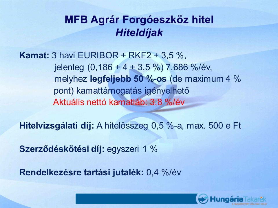 MFB Agrár Forgóeszköz hitel Hiteldíjak Kamat: 3 havi EURIBOR + RKF2 + 3,5 %, jelenleg (0, ,5 %) 7,686 %/év, melyhez legfeljebb 50 %-os (de maximum 4 % pont) kamattámogatás igényelhető Aktuális nettó kamatláb: 3,8 %/év Hitelvizsgálati díj: A hitelösszeg 0,5 %-a, max.