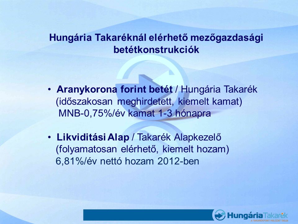 Hungária Takaréknál elérhető mezőgazdasági betétkonstrukciók •Aranykorona forint betét / Hungária Takarék (időszakosan meghirdetett, kiemelt kamat) MNB-0,75%/év kamat 1-3 hónapra •Likviditási Alap / Takarék Alapkezelő (folyamatosan elérhető, kiemelt hozam) 6,81%/év nettó hozam 2012-ben