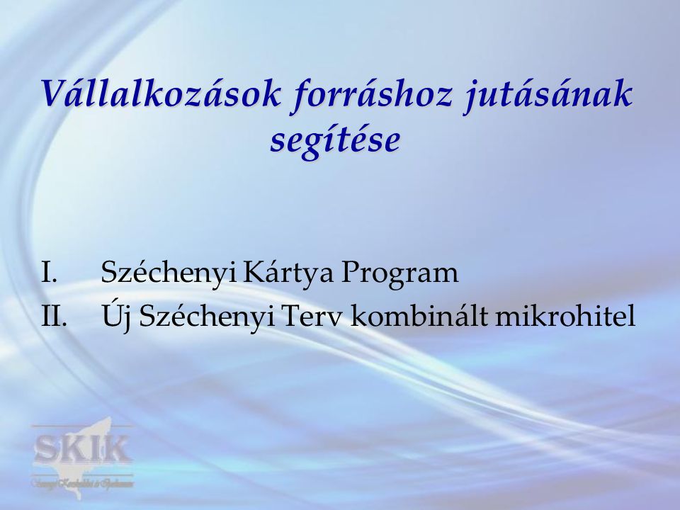 Vállalkozások forráshoz jutásának segítése I.Széchenyi Kártya Program II.Új Széchenyi Terv kombinált mikrohitel