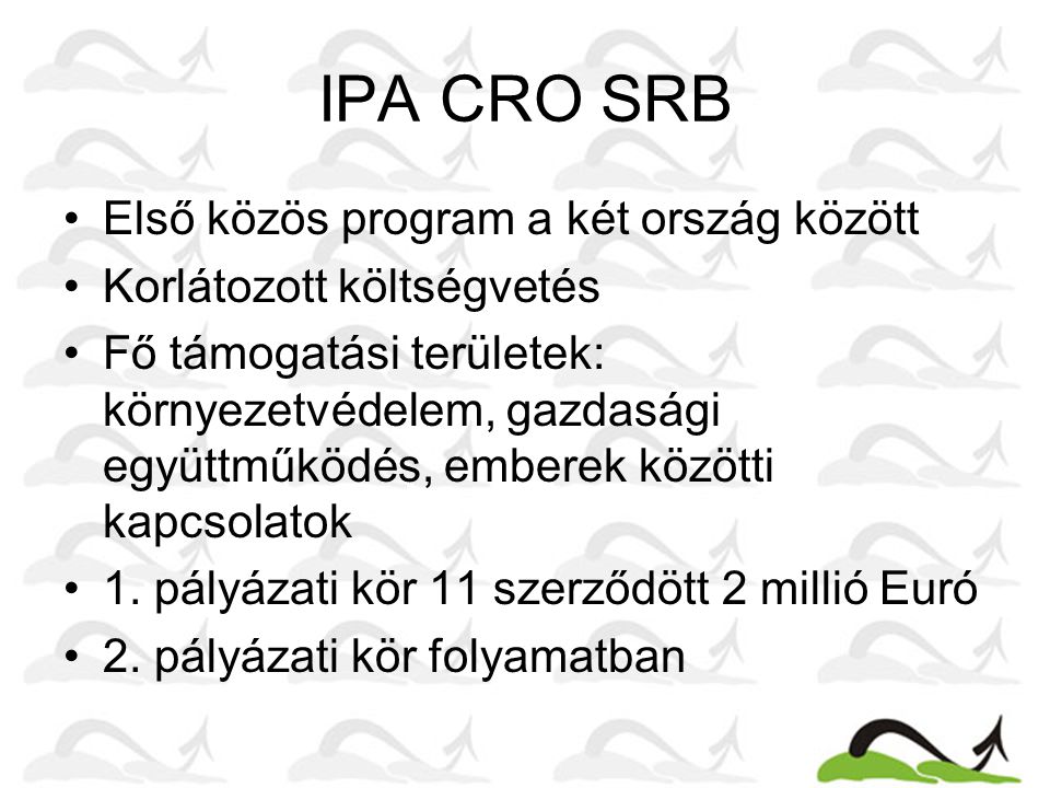 IPA CRO SRB •Első közös program a két ország között •Korlátozott költségvetés •Fő támogatási területek: környezetvédelem, gazdasági együttműködés, emberek közötti kapcsolatok •1.
