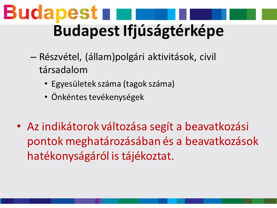 Budapest Ifjúságtérképe – Részvétel, (állam)polgári aktivitások, civil társadalom • Egyesületek száma (tagok száma) • Önkéntes tevékenységek • Az indikátorok változása segít a beavatkozási pontok meghatározásában és a beavatkozások hatékonyságáról is tájékoztat.