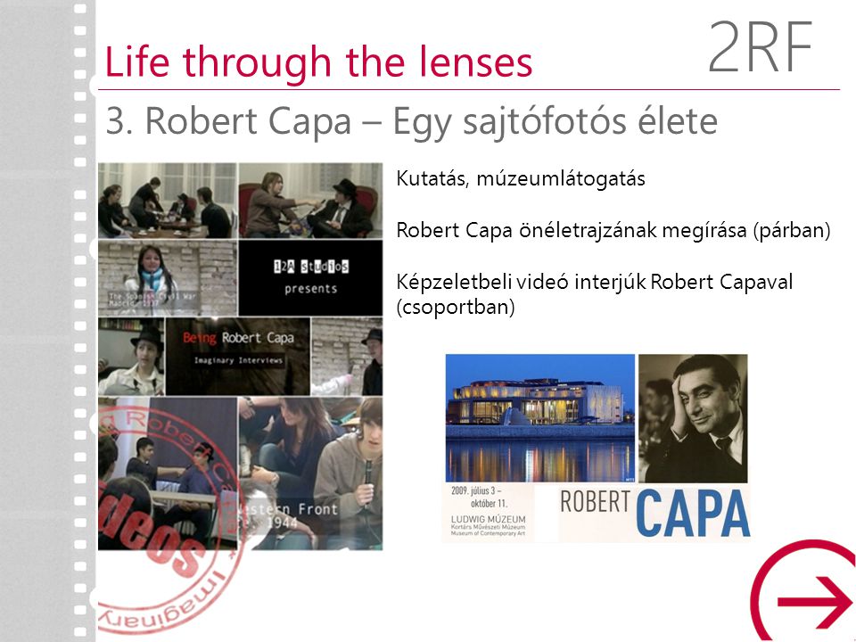 Kutatás, múzeumlátogatás Robert Capa önéletrajzának megírása (párban) Képzeletbeli videó interjúk Robert Capaval (csoportban) 3.